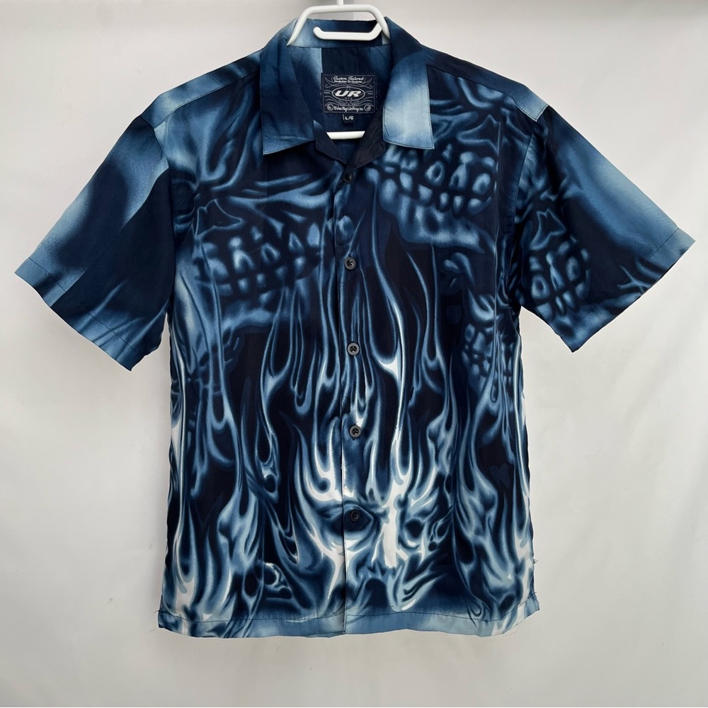 Y2K skater shirt - anime - all over print - skull blue flame Urban Rags Small